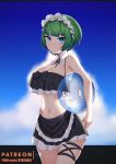  1girl ball bangs beachball blue_eyes braid breasts clip_studio_paint_(medium) clouds crown_braid day ett01024 green_hair large_breasts last_origin looking_at_viewer maid maid_headdress navel outdoors short_hair sky solo swimsuit vanilla_a1 