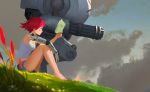 1girl absurdres android bare_legs barefoot book breasts clouds commentary day denim denim_shorts from_side grass green_eyes gun highres holding holding_book medium_breasts original outdoors plant redhead robot shirt short_hair short_shorts shorts sitting solo wang_xiao_jun weapon white_shirt 
