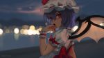 1girl :o artist_name back_bow bangs bat_wings blurry bokeh bow commentary depth_of_field dress english_commentary from_behind hair_between_eyes hand_on_own_face hat highres looking_at_viewer looking_back mob_cap novcel open_mouth outdoors puffy_short_sleeves puffy_sleeves purple_hair red_bow red_eyes remilia_scarlet short_hair short_sleeves solo touhou upper_body white_dress white_headwear wings wrist_cuffs 