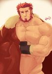  1boy abs bara beard cape chest crossed_arms facial_hair fate/grand_order fate/zero fate_(series) highres iskandar_(fate) male_focus manly muscle oyatu55k pectorals red_eyes redhead shirtless smile solo 