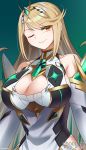  1girl ;) armpit_crease bangs bare_shoulders blonde_hair breasts chocojax cleavage_cutout collarbone commentary commission english_commentary eyebrows_visible_through_hair green_background green_earrings hair_ornament highres mythra_(xenoblade) large_breasts long_hair one_eye_closed sidelocks simple_background smile swept_bangs upper_body xenoblade_(series) xenoblade_2 yellow_eyes 