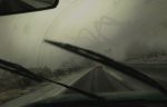  absurdres car car_interior fog ground_vehicle highres horror_(theme) kakesoba monster motor_vehicle no_humans original plant road sign windshield 