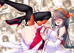  1girl :d anniversary bare_shoulders black_footwear blush boots breasts brown_eyes commentary_request eyebrows_visible_through_hair from_side grey_hair hair_between_eyes hair_ornament hairclip haruna_(kantai_collection) headgear high_heel_boots high_heels highres kantai_collection large_breasts legs_up long_hair looking_at_viewer lying nontraditional_miko on_back open_mouth pleated_skirt red_skirt remodel_(kantai_collection) ribbon-trimmed_sleeves ribbon_trim skirt smile solo thigh-highs thigh_boots tsukui_kachou 