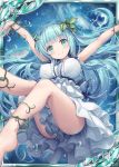  1girl akkijin anklet ass blue_hair bracelet breasts dress gaia_(shinkai_no_valkyrie) galaxy green_eyes hair_ornament happy jewelry large_breasts leaf long_hair official_art open_mouth shinkai_no_valkyrie smile solo water_drop white_dress 