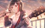  1girl bang_dream! bangs black_hair black_jacket blurry blurry_background blush bob_cut breasts clenched_teeth clouds cloudy_sky collarbone commentary electric_guitar glint gohan_(lupina1023) gradient_sky guitar highres holding holding_instrument holding_microphone holding_plectrum hood hood_down hooded_jacket instrument jacket jewelry lens_flare light_particles lightning_bolt_necklace long_sleeves looking_to_the_side medium_breasts microphone microphone_stand mitake_ran multicolored_hair necklace off-shoulder_jacket open_clothes open_jacket orange_sky plectrum railing red_eyes redhead shirt short_hair sidelocks sky solo standing streaked_hair sweat t-shirt teeth tied_hair twilight upper_body white_shirt 