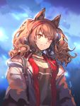  1girl angelina_(arknights) animal_ears arknights bangs black_choker blue_background brown_eyes brown_hair choker commentary eyebrows_visible_through_hair fox_ears grey_jacket hairband highres jacket long_hair long_sleeves looking_at_viewer open_clothes open_jacket red_hairband shijohane shirt solo upper_body 