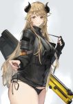  1girl absurdres arknights blonde_hair bottomless camera grenade_launcher highres horns kuroa_geha long_hair meteorite_(arknights) shoulder_armor string_panties thighs weapon yellow_eyes 