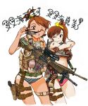  2girls :3 ;3 assault_rifle bandaid bangs bikini blue_bikini body_armor brown_eyes brown_gloves brown_hair character_name closed_mouth commentary_request cowboy_shot cropped_legs crotch_seam eyewear_removed futami_ami futami_mami gloves gun hair_ribbon harness holding holding_eyewear holster idolmaster idolmaster_(classic) lifted_by_self looking_at_viewer m4_carbine medium_hair multiple_girls nakamura_3sou name_tag navel one-piece_tan one_eye_closed open_mouth pink_bikini polka_dot polka_dot_bikini ribbon rifle scope shirt_lift short_hair short_sleeves siblings side_ponytail simple_background smile standing swept_bangs swimsuit tan tanline thigh_holster thigh_pouch translated twins united_states_marine_corps weapon white_background yellow_ribbon 