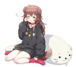  1girl absurdres animal_ears bangs blush brown_eyes brown_hair collar dog_ears dog_tail highres hjz_(artemi) hololive hood hood_down hoodie inugami_korone long_hair open_mouth socks solo tail virtual_youtuber white_background 