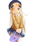  1girl abigail_williams_(fate/grand_order) bangs beige_sweater black_bow black_headwear blonde_hair blue_eyes blue_skirt blush bow breasts fate/grand_order fate_(series) forehead hair_bow hat highres long_hair looking_at_viewer multiple_bows one_eye_closed open_mouth orange_bow parted_bangs polka_dot polka_dot_bow sakazakinchan skirt small_breasts smile stuffed_animal stuffed_toy teddy_bear 