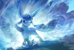  artist_name blue_sclera blue_theme closed_mouth commentary_request day_walker1117 full_body gen_4_pokemon glaceon happy highres ice no_humans outdoors pokemon pokemon_(creature) signature smile solo standing white_eyes wind 