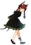  1girl :p animal_ear_fluff animal_ears black_footwear black_ribbon braid cat_ears cat_tail dress extra_ears frilled_skirt frilled_sleeves frills green_dress kaenbyou_rin leg_ribbon long_sleeves looking_at_viewer mary_janes multiple_tails nekomata red_eyes redhead ribbon shoes short_hair skirt smile solo tail tongue tongue_out touhou twin_braids urin 