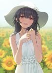 1girl ameyame bangs black_hair bow brown_eyes dress flower hat hat_bow highres idolmaster idolmaster_shiny_colors long_hair looking_at_viewer morino_rinze open_mouth smile sun_hat sundress sunflower white_dress 