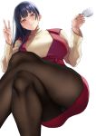  1girl asakura_kukuri bangs beige_sweater black_hair black_legwear blunt_bangs blush closed_mouth commentary_request crossed_legs cup dress earrings eyebrows_visible_through_hair from_below highres holding holding_cup jewelry long_hair original pantyhose red_dress short_dress smile teacup thighs v 