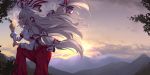 1girl absurdres arm_on_knee arm_up cigarette clouds commentary_request feet_out_of_frame flaming_hand floating_hair from_side fujiwara_no_mokou hair_ribbon highres knee_up leaning_forward long_hair long_sleeves looking_to_the_side mahimaru mountainous_horizon mouth_hold ofuda outdoors pants profile purple_sky red_eyes red_pants ribbon shirt silver_hair smoke smoking solo standing suspenders touhou twilight very_long_hair white_shirt 