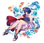  1girl artist_name bare_shoulders blue_swimsuit breasts cape collarbone conope english_commentary fingerless_gloves fire_emblem fire_emblem_awakening fire_emblem_heroes flower frills full_body gloves innertube legs marth_(fire_emblem_awakening) mask medium_hair one-piece_swimsuit petals sandals sitting small_breasts solo swimsuit toes 