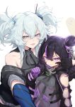  1other 2girls absurdres annoyed aqua_eyes aqua_hair cheek_poking clenched_teeth double_bun girls_frontline grabbing heart heart-shaped_pupils highres kac-pdw_(girls_frontline) multicolored_hair multiple_girls pa-15_(girls_frontline) poking purple_hair see-through shanyao_jiang_tororo simple_background symbol-shaped_pupils teeth two-tone_hair two_side_up violet_eyes 
