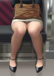  1girl bag black_footwear clip_studio_paint_(medium) grey_skirt handbag highres indoors original pencil_skirt ryokucha_michi sitting skirt thighs train_interior 