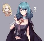  2girls ? akalari aqua_eyes artist_name bangs black_eyes blonde_hair blue_eyes blush breasts byleth_(fire_emblem) byleth_eisner_(female) byleth_eisner_(female) chibi commentary confused cute eyebrows_visible_through_hair female_my_unit_(fire_emblem:_three_houses) fire_emblem fire_emblem:_three_houses fire_emblem:_three_houses fire_emblem_16 grey_background hair_between_eyes hand_up happy_tears heart highres intelligent_systems large_breasts long_hair looking_at_viewer mercedes_von_martritz moe multiple_girls my_unit_(fire_emblem:_three_houses) navel nintendo own_hands_together simple_background smile tears twitter_username upper_body 