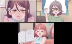  &gt;_&lt; angry antenna_hair bedroom blue_shirt blurry blurry_background blush book bow brown_hair closed_eyes clover_hair_ornament collared_shirt commentary cream_(nipakupa) drawing flower four-leaf_clover_hair_ornament glasses green_bow green_shirt hair_flower hair_ornament highres holding holding_book love_live! love_live!_sunshine!! orange_hair pen pink_sweater redhead sakurauchi_riko shirt sketchbook sleeveless sleeveless_shirt striped striped_shirt sweatdrop sweater takami_chika video_call watanabe_you yellow_eyes 