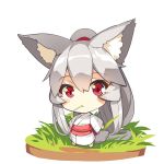  1girl animal_ear_fluff animal_ears bangs barefoot blush_stickers chibi closed_mouth commentary_request eyebrows_visible_through_hair fox_ears fox_girl fox_tail full_body grey_hair hair_between_eyes highres japanese_clothes kimono long_hair long_sleeves looking_at_viewer mouth_hold obi original red_eyes sash simple_background solo standing tail tail_raised very_long_hair white_background white_kimono wide_sleeves yuuji_(yukimimi) 