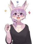  1girl ahoge animal_ears black_shirt blush breasts clenched_hand dog_ears eyebrows_visible_through_hair fangs fur furry hair_between_eyes highres korean_commentary looking_at_viewer open_mouth shirt simple_background sketch snout solo sookmo tied_hair upper_body violet_eyes white_background 