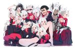  1boy 6+girls :d absurdres animal_ears apron arm_up azazel_(helltaker) bandaid bangs bare_legs barefoot beelzebub_(helltaker) black-framed_eyewear black_hair black_horns black_panties black_suit black_tail black_vest blue_eyes blush boots breasts cerberus_(helltaker) cigarette closed_eyes closed_mouth clothes_writing commentary demon_girl demon_tail dog_ears dog_girl eyebrows_visible_through_hair fang formal glasses gloves grin hair_between_eyes hair_over_one_eye halo heart heart-shaped_pupils helltaker helltaker_(character) highres horns hug hug_from_behind jacket jewelry judgement_(helltaker) justice_(helltaker) long_hair long_sleeves looking_at_another looking_at_viewer lucifer_(helltaker) lying malina_(helltaker) modeus_(helltaker) multiple_girls multiple_persona necktie on_stomach one_eye_closed open_mouth pandemonica_(helltaker) panties pantyhose ponytail red_eyes red_shirt shinomu_(cinomoon) shirt short_hair simple_background sitting smile sparkle spread_legs suit sunglasses sweatdrop symbol-shaped_pupils tail triplets underwear vest white_background white_hair white_horns zdrada_(helltaker) 
