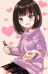  1girl :d bangs black_hair black_skirt blush candy child commentary cowboy_shot dated_commentary eyebrows_visible_through_hair food heart heart_background himawari-san himawari-san_(character) incoming_food looking_at_viewer medium_hair open_mouth pleated_skirt purple_sweater ribbed_sweater signature sitting skirt smile solo sugano_manami sweater valentine violet_eyes younger 