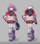  1girl absurdres arm_at_side bodysuit bodysuit_under_clothes commentary contrapposto full_body grey_background hand_on_hip headwear_removed helmet helmet_removed highres holding holding_helmet hood hood_up hoodie large_shoes looking_at_viewer off-shoulder_jacket off_shoulder original pilot_suit pink_eyes pink_hair shoes smile solo user_zykz2352 