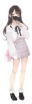  1girl ama_mitsuki bag bare_legs brown_hair cellphone commentary full_body handbag high-waist_skirt highres holding long_hair mask mouth_mask original phone puffy_sleeves skirt sleeves_past_wrists smartphone solo standing white_background 