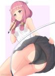  1girl alternate_costume ass black_panties closed_mouth commission fire_emblem fire_emblem_fates highres holding holding_paintbrush long_hair mitama_(fire_emblem) paintbrush panties pink_eyes pink_hair rynzfrancis simple_background sleeveless solo star-shaped_pupils star_(symbol) symbol-shaped_pupils twitter_username underwear 