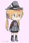  1girl ahenn aqua_eyes black_legwear black_skirt blonde_hair eyebrows_visible_through_hair full_body gloves hair_between_eyes hat kantai_collection long_hair long_sleeves military military_hat military_uniform peaked_cap pleated_skirt prinz_eugen_(kantai_collection) skirt smile solo thigh-highs twitter_username uniform white_gloves 