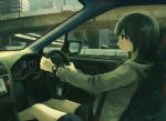  1girl black_hair car car_interior cityscape commentary driving english_commentary ground_vehicle hood hoodie kensight328 motor_vehicle original scenery short_shorts shorts sitting solo steering_wheel watch watch 