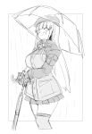  1girl bangs beret blush breasts commentary_request girls_frontline gloves greyscale hair_ornament hat highres hk416_(girls_frontline) jacket large_breasts long_hair looking_at_viewer monochrome murachan_(kuzukago) rain sketch skirt smile solo teardrop thigh-highs transparent transparent_umbrella umbrella 