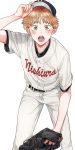  1boy :o adjusting_headwear baseball_cap baseball_mitt baseball_uniform belt black_headwear blush hand_up hat highres looking_at_viewer male_focus mihashi_ren ookiku_furikabutte pants sambe_(asa) short_sleeves solo sportswear standing white_background white_pants yellow_eyes 