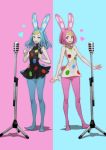  2girls animal_ears bare_shoulders blonde_hair blue_hair blush character_request doubutsu_no_mori dress heart highres humanization jun_(seojh1029) long_hair microphone multiple_girls open_mouth pink_hair polka_dot polka_dot_dress rabbit_ears short_hair siblings sisters smile 