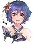  1girl bikini bikini_top blue_eyes blue_hair blush facing_viewer fire_emblem fire_emblem_awakening fire_emblem_heroes flower hair_flower hair_ornament highres looking_at_viewer lucina lucina_(fire_emblem) marth_(fire_emblem_awakening) mask mask_removed satukiseki_jo666 sweatdrop swimsuit upper_body white_background 