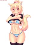  1girl animal_ear_fluff animal_ears ass_visible_through_thighs bangs bikini black_legwear blonde_hair blush breasts cat_ears cat_tail cowboy_shot eyebrows_visible_through_hair fast-runner-2024 highres large_breasts long_hair looking_at_viewer original ponytail red_eyes shirt_lift slit_pupils smile solo striped striped_bikini swimsuit tail thigh-highs tiffy_(fast-runner-2024) watermark web_address white_background wide_hips 