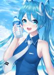  1girl :d alternate_costume artist_name bare_arms bare_shoulders blue_eyes blue_hair blue_shirt blue_sky blush bottle breasts clouds collarbone collared_shirt commentary day grey_neckwear grey_ribbon hair_ribbon hatsune_miku highres holding holding_bottle looking_at_viewer necktie open_mouth outdoors pocari_sweat ribbon shirt sky sleeveless sleeveless_shirt small_breasts smile solo sparkling_eyes upper_body vocaloid water_bottle zakusey 