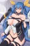  1girl absurdres asymmetrical_wings belt black_legwear black_panties blue_hair breasts choker collarbone detached_sleeves dizzy_(guilty_gear) eyebrows_visible_through_hair guilty_gear guilty_gear_xrd hair_rings highres huge_breasts long_hair midriff miianya monster_girl navel panties parted_lips red_eyes ribbon sitting tail tail_ribbon thigh-highs thigh_gap thigh_strap twintails underwear water wings yellow_ribbon 