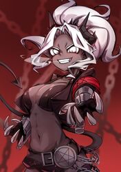  1girl absurdres belt black_bra bra chain clawed_gauntlets claws dark_skin demon demon_girl demon_horns demon_tail grey_eyes helltaker highres horns judgement_(helltaker) long_hair looking_at_viewer ponytail sharp_teeth smile solo tail teeth thigh-highs turn_zhuan underwear white_hair 