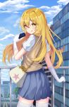  +_+ 1girl bag bangs blonde_hair blue_sky blurry blurry_background blush breasts brown_bag building chain clouds cloudy_sky coma_(light825) commentary_request controller day elbow_gloves eyebrows_visible_through_hair from_behind gloves highres holding large_breasts long_hair looking_at_viewer outdoors pleated_skirt remote_control school_uniform shirt shokuhou_misaki short_sleeves shoulder_bag skirt sky smile solo star_(symbol) star_print sweater_vest symbol-shaped_pupils thigh-highs to_aru_kagaku_no_railgun to_aru_majutsu_no_index tongue tongue_out white_gloves white_legwear white_shirt yellow_eyes 