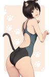  1girl amagami animal_ears ass black_swimsuit border brown_eyes brown_hair cat_ears cat_tail clip_studio_paint_(medium) commentary_request competition_swimsuit from_behind kemonomimi_mode looking_at_viewer nozomi-y one-piece_swimsuit open_mouth painttool_sai_(medium) paw_pose paw_print photoshop_(medium) pink_background short_hair smile solo swimsuit tachibana_miya tail two-tone_background white_border 