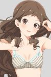  1girl armpits arms_up bangs blush bra breasts breasts_apart brown_eyes brown_hair collarbone commentary grey_background highres hiroki_(yyqw7151) idolmaster idolmaster_million_live! kitazawa_shiho long_hair looking_at_viewer medium_breasts midriff open_mouth parted_bangs simple_background smile solo underwear wavy_hair 