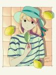  1girl aqua_headwear bangs black_eyes blonde_hair border borrowed_character commentary_request dated food fruit hat highres holding holding_leaf leaf lemon light_smile long_hair looking_at_viewer original shadow shirt short_sleeves signature solo soukifrog striped striped_shirt upper_body white_border 