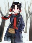  1girl absurdres bag bangs black_hair black_skirt blue_coat blush coat cowboy_shot duffel_coat eyebrows_visible_through_hair folded_ponytail hair_ribbon hand_in_pocket highres kaguya-sama_wa_kokurasetai_~tensai-tachi_no_renai_zunousen~ lemontea_(ekvr5838) looking_at_viewer parted_bangs red_eyes red_ribbon red_scarf ribbon scarf shinomiya_kaguya sidelocks skirt snowing solo 