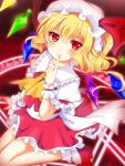  1girl ankle_socks arm_at_side arm_up blonde_hair commentary cravat dutch_angle eyebrows_visible_through_hair fang fang_out finger_to_mouth flandre_scarlet gradient gradient_background hair_between_eyes hat hat_ribbon looking_at_viewer magic_circle mob_cap one_side_up puffy_short_sleeves puffy_sleeves red_background red_eyes red_footwear red_skirt red_vest ribbon shirt short_hair short_sleeves sitting skirt skirt_set smile solo touhou vest wariza white_headwear white_legwear white_shirt wings wrist_cuffs yellow_neckwear yoimatsuri_(ichimen_no) 