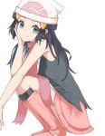  1girl armpits bare_shoulders beanie black_hair black_legwear boots grey_eyes hair_ornament hairclip hand_on_own_cheek hat highres hikari_(pokemon) looking_at_viewer pink_footwear pink_scarf pink_skirt pokemon pokemon_(game) pokemon_dppt scarf simple_background skirt sleeveless smile solo squatting uji_(966qrr) white_background white_headwear 