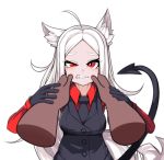  1girl animal_ears arm_grab bangs black_gloves black_neckwear breasts cerberus_(helltaker) ch_(hkplus1207) commentary_request demon_girl demon_tail dog_ears fangs gloves helltaker large_breasts long_hair looking_at_viewer necktie parted_bangs pov pov_hands red_eyes red_shirt shirt simple_background tail tearing_up waistcoat white_background white_hair 