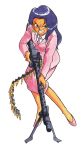  1990s_(style) 1girl all_purpose_cultural_cat_girl_nuku_nuku arisa_(all_purpose_cultural_cat_girl_nuku_nuku) black_eyes black_hair full_body grin gun highres holding holding_gun holding_weapon long_hair long_sleeves looking_at_viewer machine_gun necktie official_art pink_footwear pink_neckwear scan simple_background smile solo takada_yuuzou v-shaped_eyebrows weapon white_background 